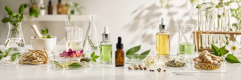 Moderní pracovní prostor botanické laboratoře pro péči o pleť zobrazující skleněné kádinky, kapátka, kosmetické lahvičky a čerstvé listy, kořeny a květy rostlin, které představují úvod do rostlinných extraktů ve formulaci produktu.