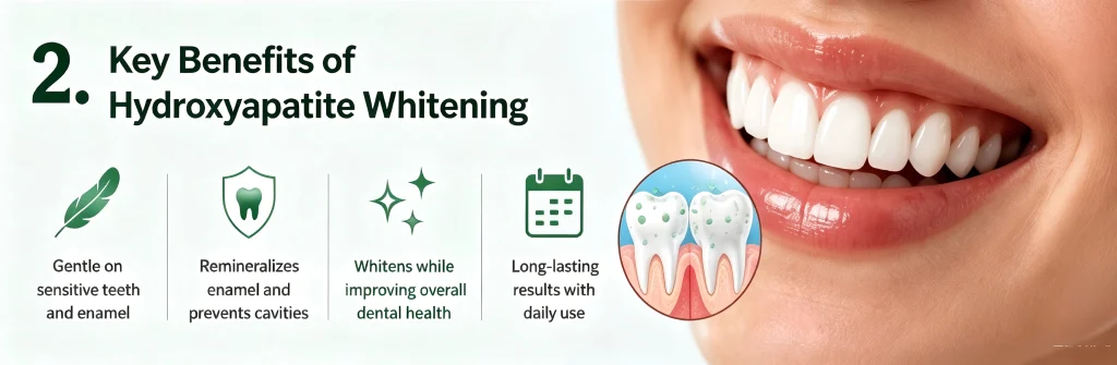 An infographic highlighting the core benefits of hydroxyapatite for teeth whitening, showcasing four key advantages: gentle care for sensitive teeth and enamel; promotion of remineralization to prevent cavities; simultaneous whitening and enhancement of overall oral health; and long-lasting results through daily use. The right side features illustrations depicting a healthy smile and the process of enamel repair.