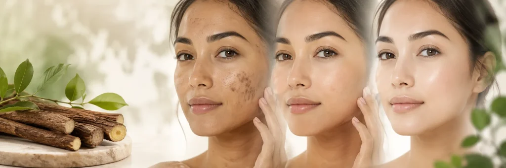 Before and after skin comparison showing licorice root extract helping fade dark spots and even skin tone.