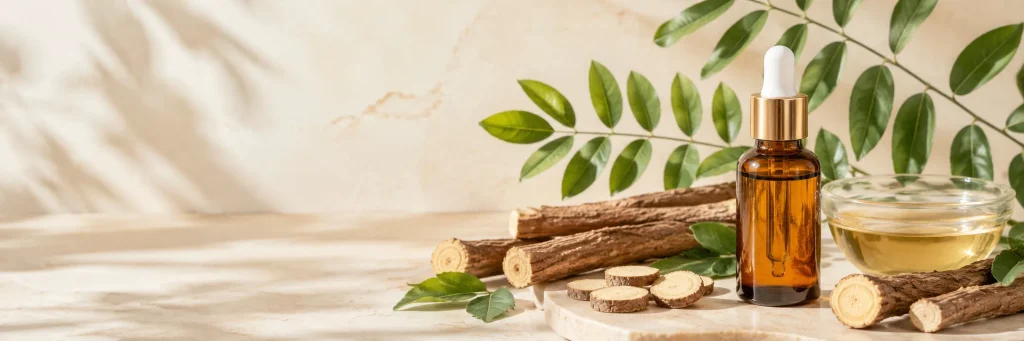 Licorice root extract for brightening skincare with natural licorice roots, serum bottle, and botanical leaves.