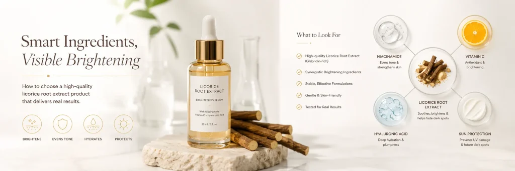 Licorice root extract combined with niacinamide, vitamin C, hyaluronic acid, and sunscreen for visible brightening results.