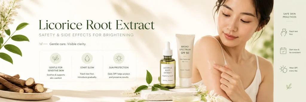 Safety tips for using licorice root extract on sensitive skin, including patch testing, starting slowly, and daily SPF protection.