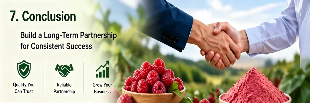 Business professionals shaking hands in a raspberry farm background, symbolizing a long-term supplier partnership.
