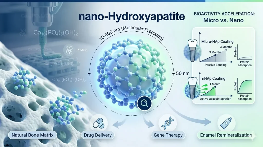 SEM image comparison and diagram showing how the high surface area of 10-100nm nano-hydroxyapatite particles leads to increased protein adsorption and superior bone bonding (R&D focus).