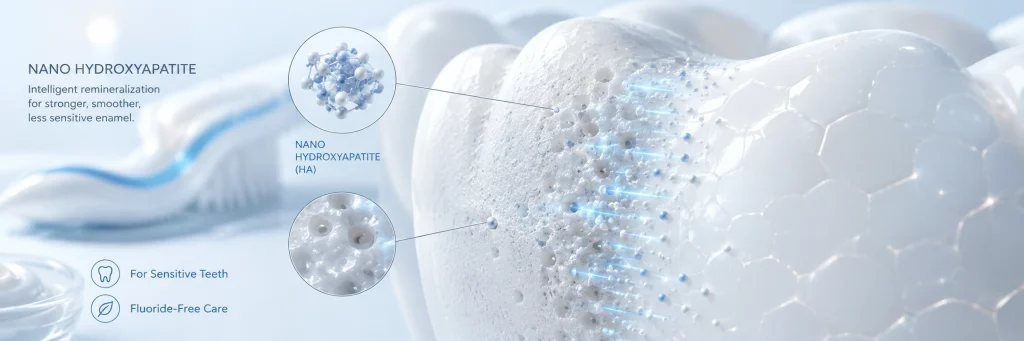 Nanohydroxyapatit-partikler, der interagerer med emaljeoverfladen for at understøtte remineralisering og følsomhedspleje