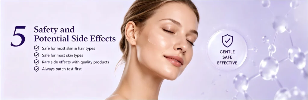 An informational chart explaining the safety and potential side effects of nano hydroxyapatite for skin, demonstrating that it is a safe and gentle ingredient for most skin types.