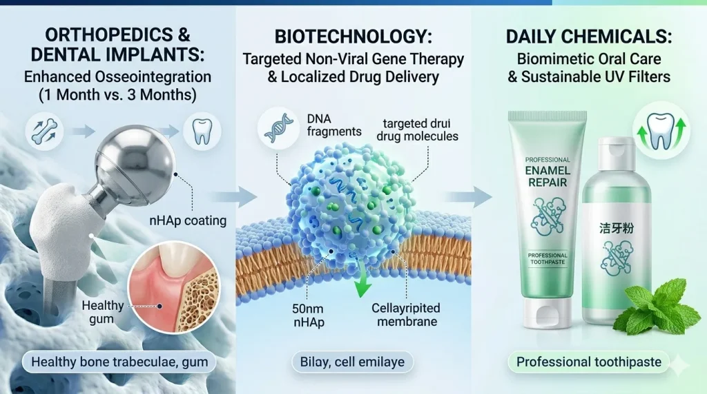 Visual infographic showing three main applications of nano-hydroxyapatite: orthopedic implant coating, drug delivery vehicle, and remineralizing oral care product.