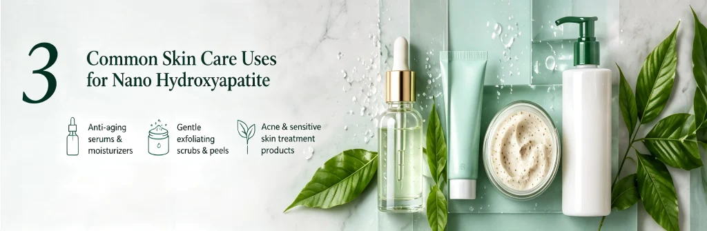 A flat lay of various cosmetic bottles and jars showcasing common skincare uses for nano hydroxyapatite for skin, including anti-aging serums and gentle exfoliating scrubs.