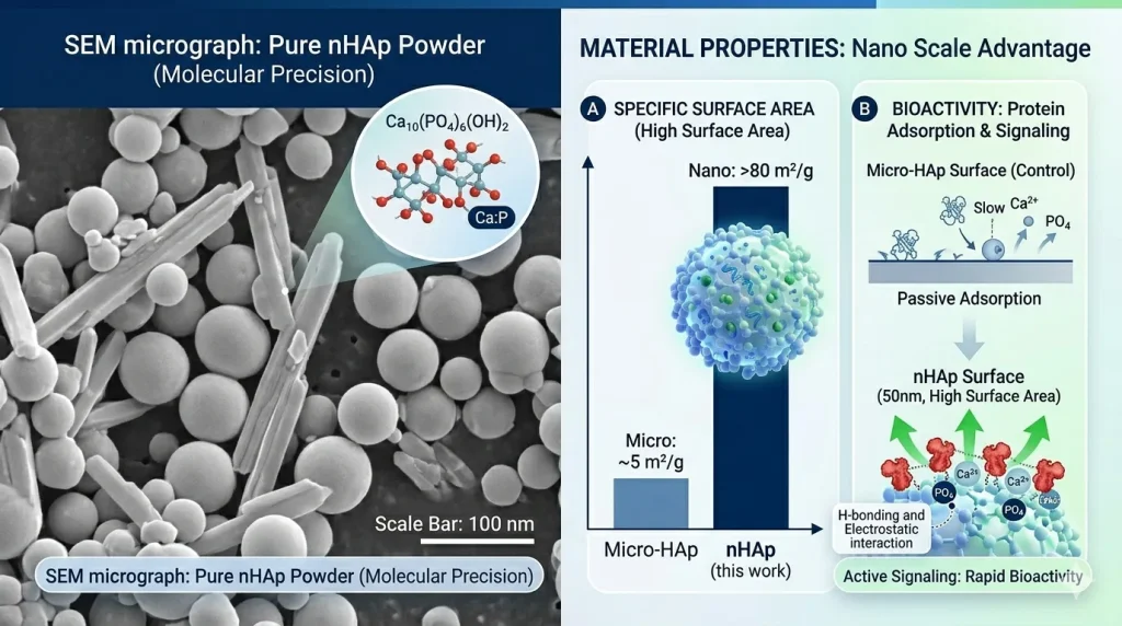 SEM image comparison and diagram showing how the high surface area of 10-100nm nano-hydroxyapatite particles leads to increased protein adsorption and superior bone bonding (R&D focus).