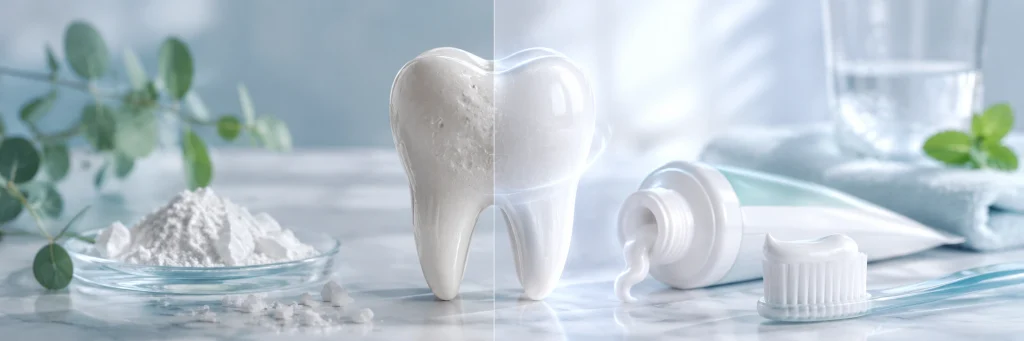 Before and after tooth enamel concept showing nano hydroxyapatite toothpaste benefits for remineralization and sensitivity care
