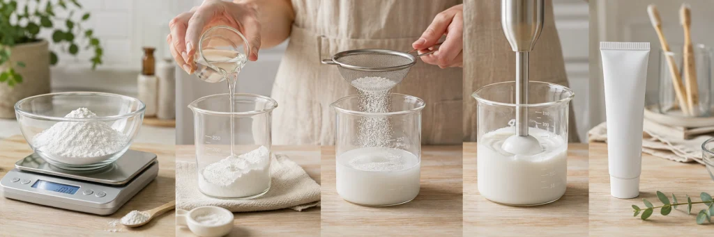 Step-by-step nano hydroxyapatite toothpaste formulation process with weighing, pouring, sifting, mixing, and final tube filling
