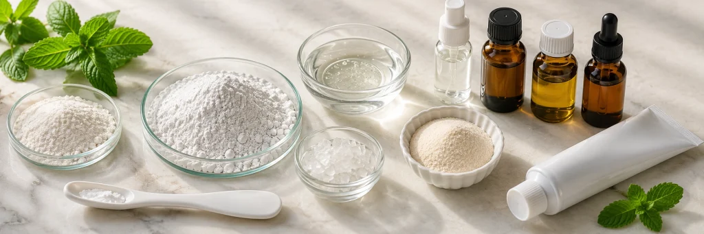 Raw materials for nano hydroxyapatite toothpaste formulation including mineral powder, liquids, flavor oils, and blank toothpaste tube