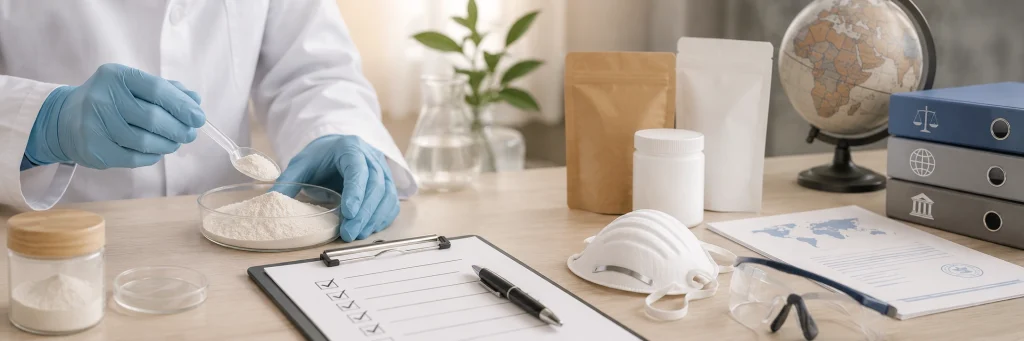 Safety and regulatory setup for nano hydroxyapatite toothpaste with powder handling, mask, checklist, packaging, and compliance documents