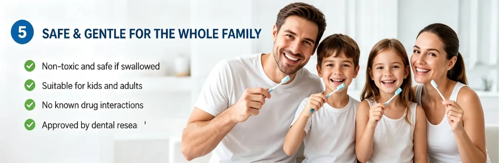 A happy family brushing teeth with non-toxic, safe-if-swallowed hydroxyapatite toothpaste suitable for kids and adults.