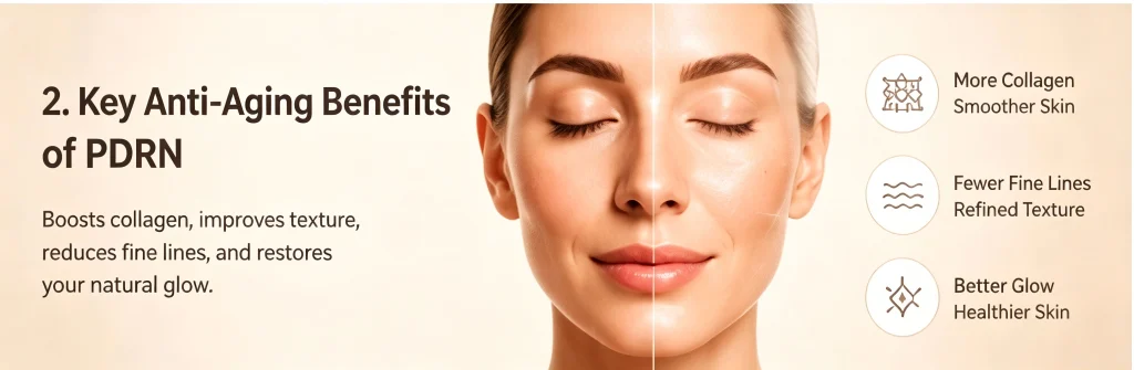 A split screen showing a woman's face before and after PDRN treatment highlighting benefits like more collagen, fewer fine lines, and better glow.