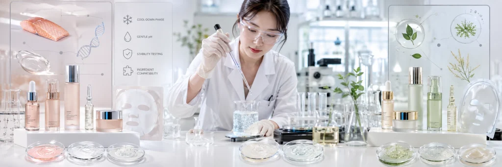 Cosmetic chemist testing salmon PDRN and vegan PDRN formulation differences in skincare products