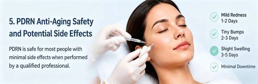 A qualified professional performing a PDRN anti-aging injection on a female client's face, listing mild redness and minimal downtime.
