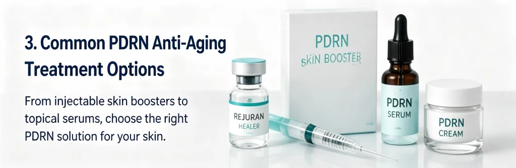 Common PDRN anti-aging treatment products including Rejuran Healer injectable vial, syringe, topical serum, and cream.