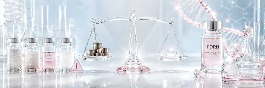 Challenges in sourcing PDRN for Korean skincare, illustrating low-quality vs high-quality raw material, balancing cost and purity in a biotech lab scene.