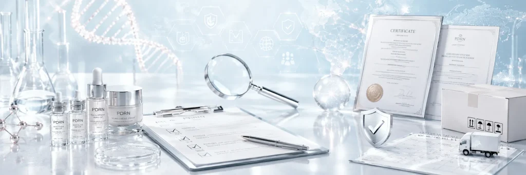 Guide to selecting the right PDRN supplier for Korea skincare brands, showing quality testing, certificates, sample vials, and supply verification concepts.