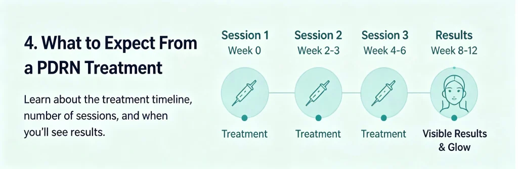 A timeline diagram showing what to expect from a PDRN treatment across 3 sessions from week 0 to week 12 for visible results.