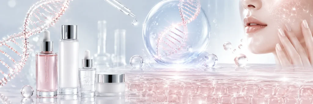 Visual explanation of PDRN (Polydeoxyribonucleotide) in Korean skincare, featuring luminous DNA helix, serum vials, and high-end cosmetic biotech aesthetics.
