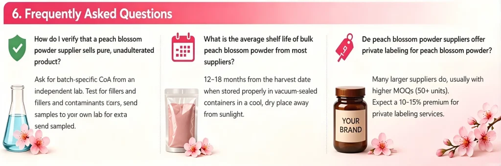 FAQ about peach blossom powder purity, shelf life, and private labeling services for skincare brands.