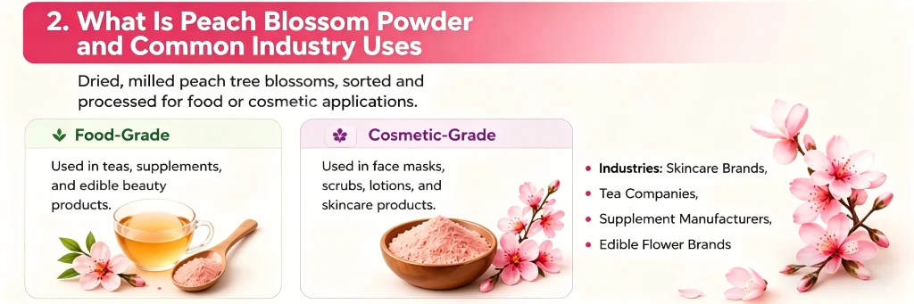 Detailed comparison of food-grade and cosmetic-grade peach blossom powder and its common industry applications.