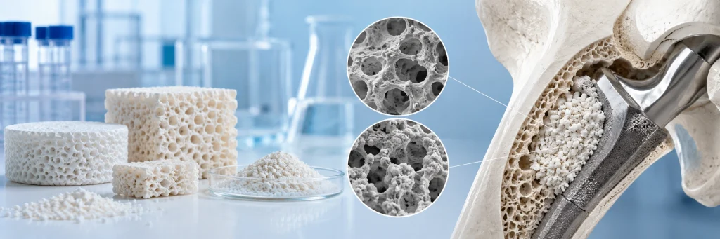 Poreuse hidroksiapatietkorrels en steiermateriaal wat gebruik word in beenherstel en inplantingverwante biomateriaaltoepassings