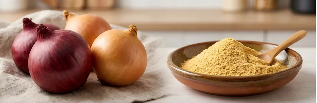 powder-raw-material.jpg High-quality dehydrated onion powder and fresh raw onions for manufacturing.