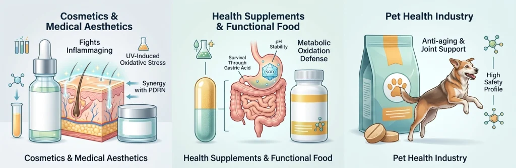 An infographic demonstrating the three main applications of Recombinant SOD: reducing skin inflammaging in cosmetics, surviving gastric acid in oral supplements, and providing joint support for active senior pets.