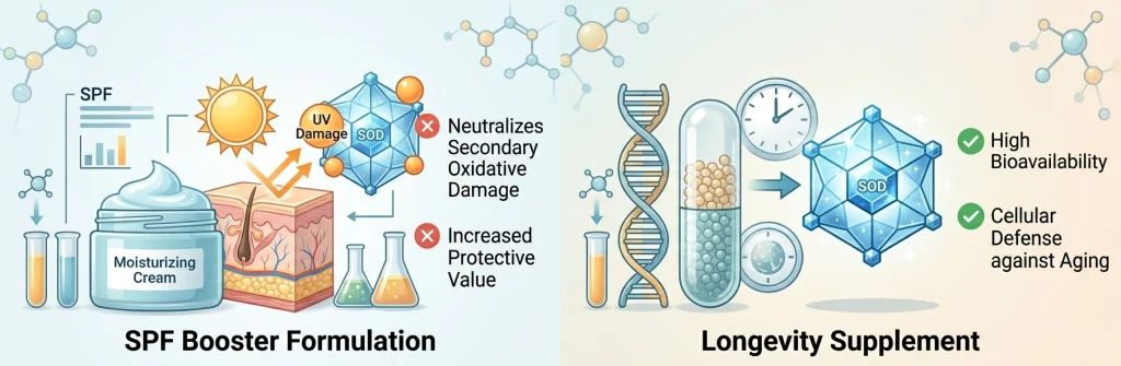 A professional laboratory setting infographic focused on the efficacy of Recombinant SOD, showing technical confirmation of its antioxidant activity and successful integration into premium skin repair and health supplement formulations.