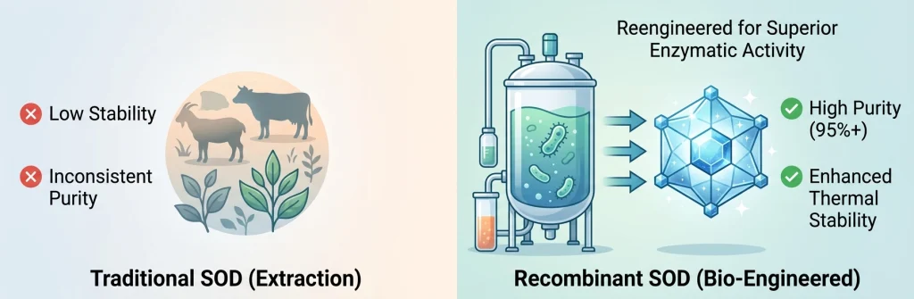 A comparison infographic showing the unstable traditional SOD extraction process versus the high-purity, stable microbial fermentation process used to create Recombinant SOD.