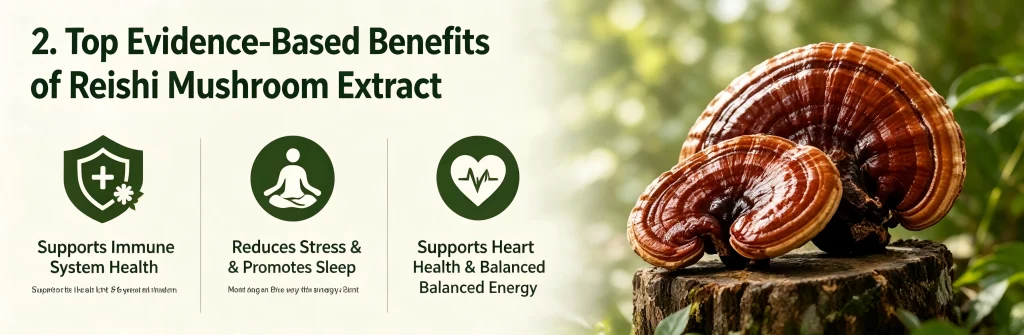 Scientific evidence-based benefits of reishi mushroom extract including immune support and antioxidant properties