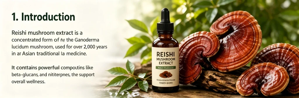 Reishi mushroom extract introduction showing basic overview and key wellness benefits