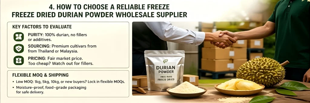 Key factors for choosing a reliable durian powder supplier, including purity, sourcing from Thailand/Malaysia, and flexible MOQ.