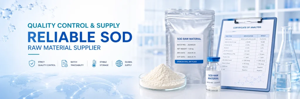 Reliable SOD raw material supplier with batch traceability, COA document, powder sample and quality control testing