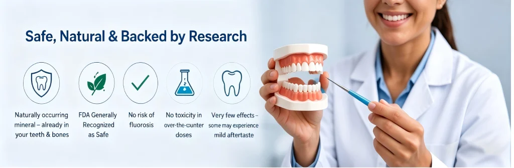 Infographic showing hydroxyapatite is FDA recognized as safe, non-toxic, and a naturally occurring mineral for dental care.