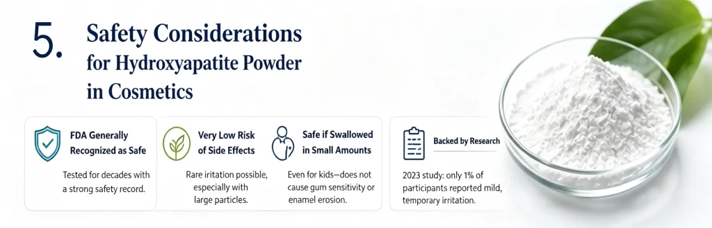 Safety profile of hydroxyapatite in cosmetics, including FDA recognition and low risk of side effects.