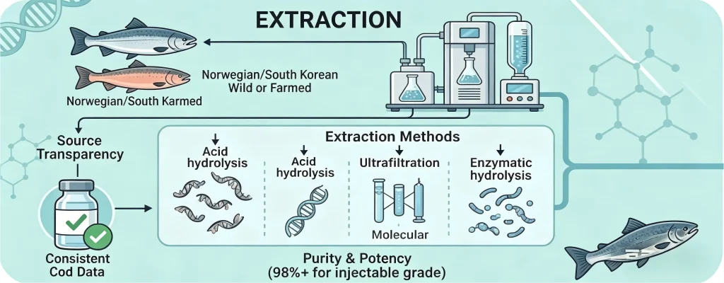 Comparison of Salmon PDRN extraction methods including enzymatic hydrolysis and ultrafiltration for 98% purity grade