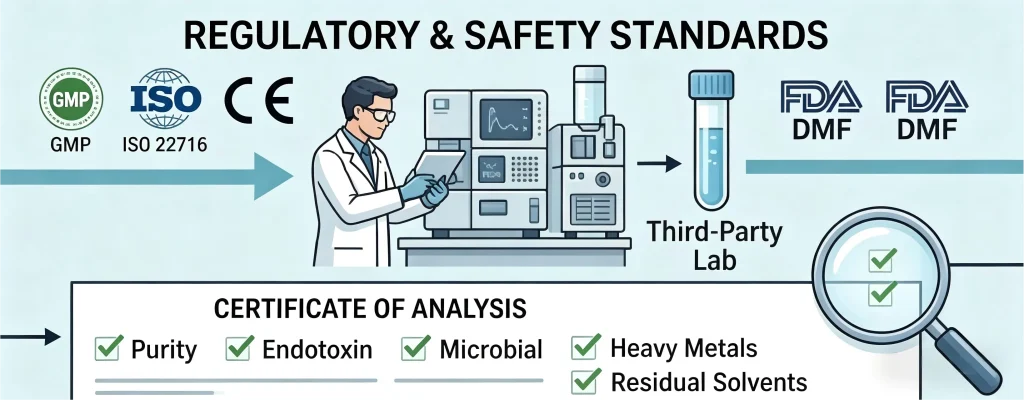 Quality control lab checking Salmon PDRN CoA for endotoxins, heavy metals, and GMP/ISO compliance.