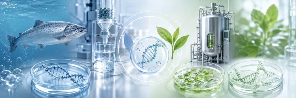 Salmon-derived PDRN and vegan PDRN source differences with DNA and biotech extraction concept