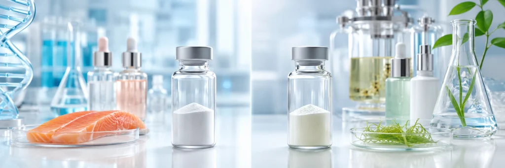 Salmon PDRN and vegan PDRN raw materials compared in a cosmetic formulation laboratory