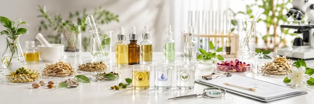 Čistá scéna botanické laboratoře zobrazující skleněné lahvičky s rostlinnými extrakty rozpustnými v oleji, vodě a glycerinu, Petriho misky, pipety a pracovní prostor kontroly kvality, zdůrazňující standardizaci, čistotu a metody extrakce pro výběr vysoce kvalitních rostlinných extraktů.