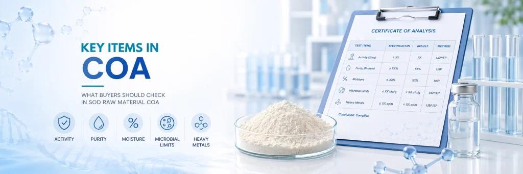 Key items in SOD raw material COA including activity, purity, moisture, microbial limits and heavy metals