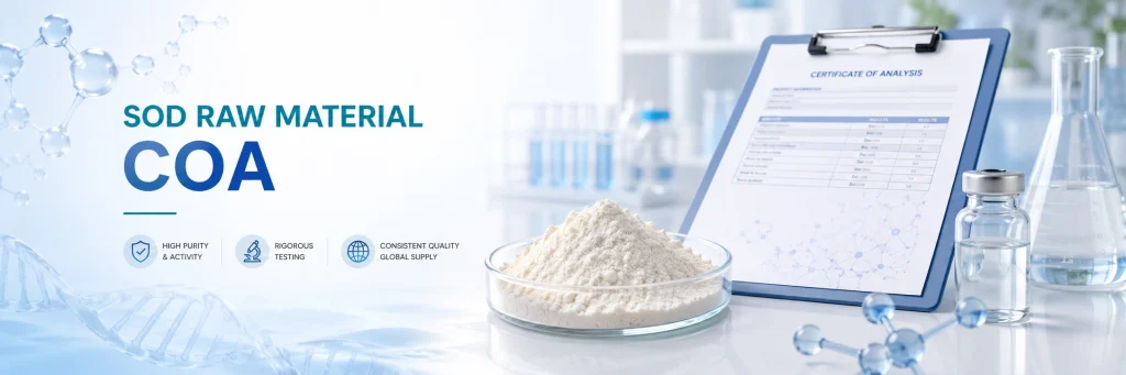SOD raw material COA with powder sample, certificate of analysis and laboratory testing background