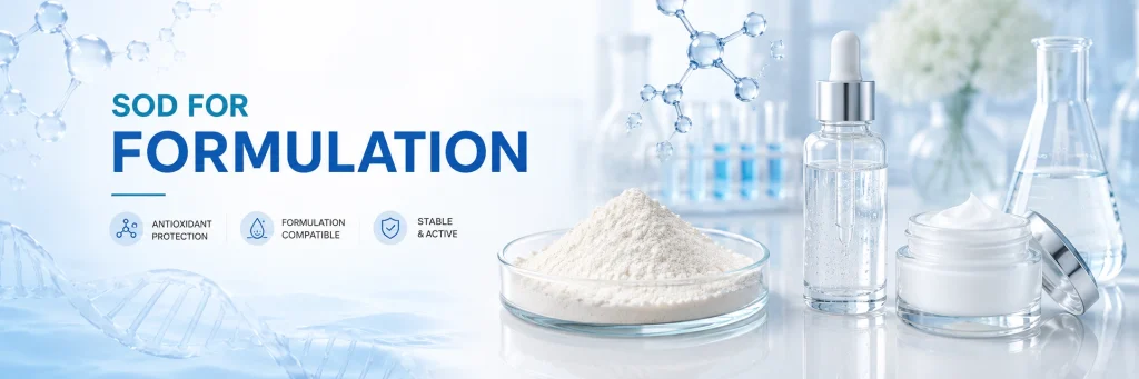 Cosmetic grade SOD raw material for skincare formulation with serum, cream and laboratory glassware