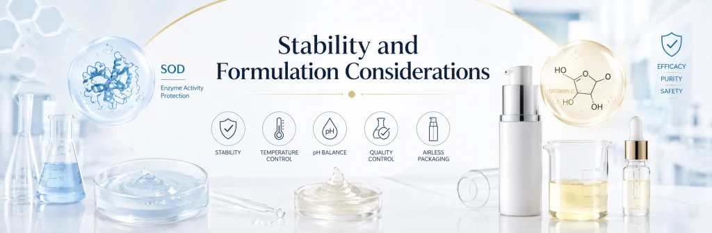Stability and formulation considerations for SOD and Vitamin C skincare ingredients with pH, temperature and packaging icons
