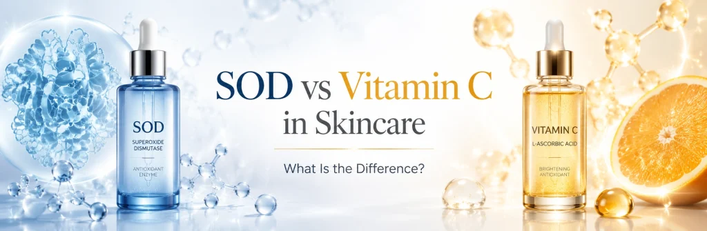 SOD vs Vitamin C in skincare comparison with antioxidant serum bottles and molecular skincare science elements