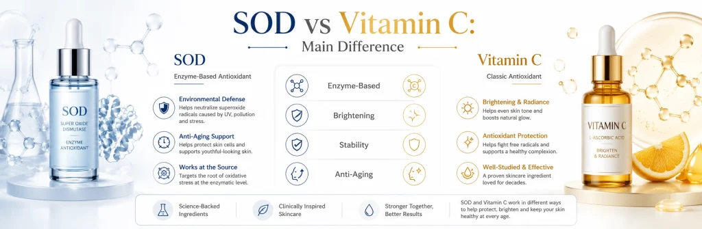 Main difference between SOD and Vitamin C in skincare, comparing enzyme-based antioxidant and brightening antioxidant functions